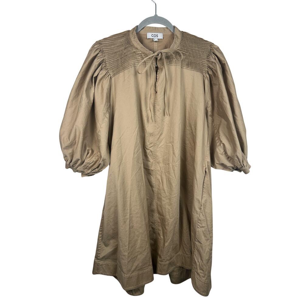 COS Tie-Detail Pleated Mini Dress Women Size 2 Tan EUC Balloon Sleeve Poplin
